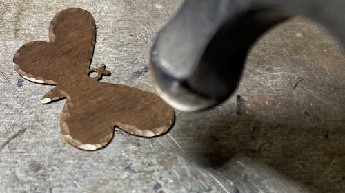 Susan LeGuyader's Butterfly Earrings - , Contemporary Wire Jewelry, Dapping, Dapping Jewelry, How To Punch Holes, Hole Punching, Punch A Hole, Texturing, Butane Torch, Soldering, Solder, Use the ball end of the ball peen hammer 